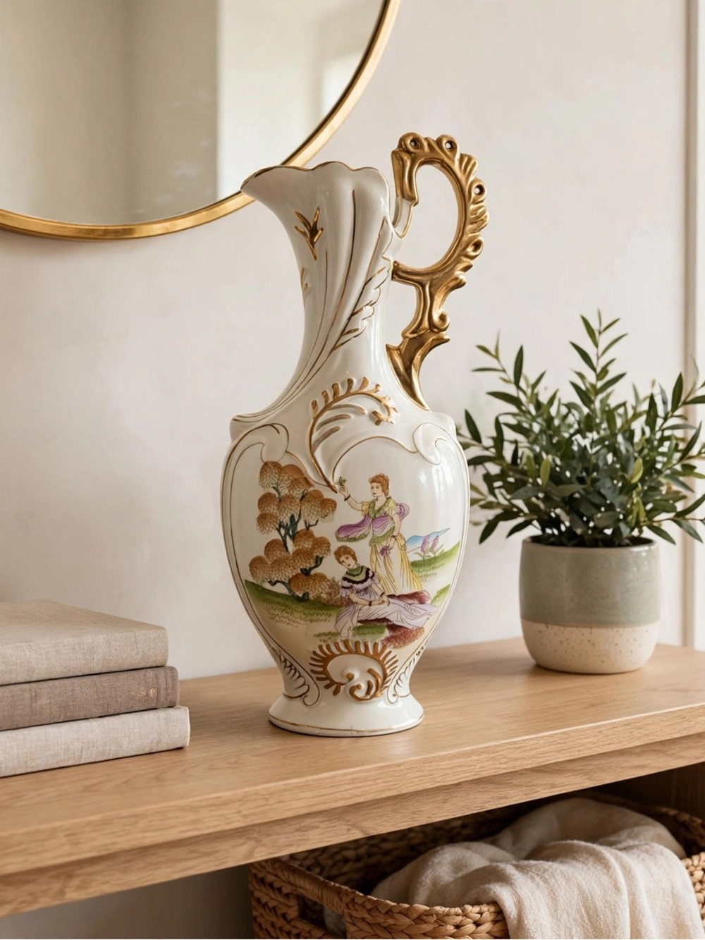 Vintage 15" Capodimonte Style Porcelain Ewer Vase Gold Gilt Victorian Ladies